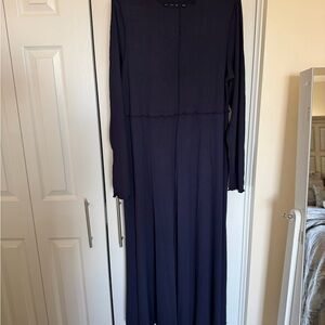 Women Solid Color Frill Trim Round Neck Long Sleeve Casual Dress